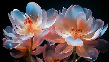 Illustration von glühend Licht Orange transparent Blumen. ai generiert foto