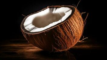 realistisch Bild von Kokosnüsse auf schwarz Hintergrund. ai generiert foto