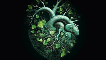 anatomisch Mensch Herz gebildet durch Blätter und Baum Geäst. ai generiert foto
