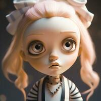 süß Puppe Illustration mit groß Augen und Rosa Haar. ai generiert foto