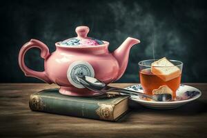 immer noch Leben Illustration von Frühstück mit Rosa Porzellan Teekanne. ai generiert foto