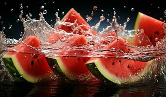 realistisch Bild von Wassermelone im planschen Wasser. ai generiert foto