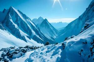 ein schön Aussicht von Berge, gemalt im beruhigend Blau Farben, zeigen ihr beeindruckend Größe.. kreativ Ressource, ai generiert foto