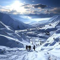 Schnee bedeckt Berge im Winter mit Männer auf Ski. ai generiert foto