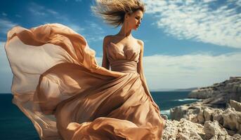 Frau mit schön lange Seide Kleid flattern im das Wind. ai generiert foto