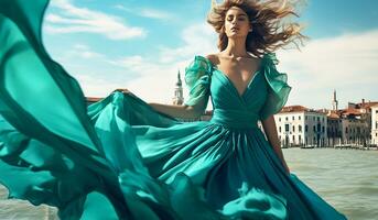 Frau mit schön lange Seide Kleid flattern im das Wind. ai generiert foto