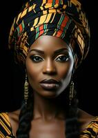 Porträt von sehr schön Frau mit traditionell afrikanisch Turban auf ihr Kopf. ai generiert foto