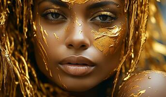 Porträt von ein sehr schön Frau mit golden bilden. ai generiert foto
