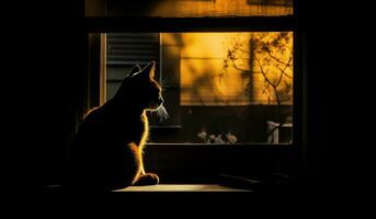 schön Bild mit das Silhouette von ein Katze im das Fenster, gegen das Licht, beim Sonnenuntergang. ai generiert foto