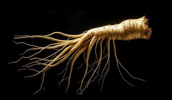 Ginseng Wurzel isoliert auf dunkel Hintergrund. gesund Zeit. ai generiert foto