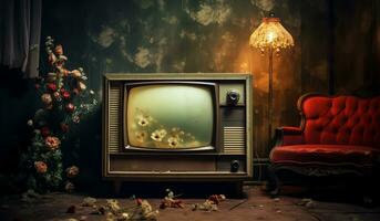 immer noch Leben von ein schmutzig und verlassen Zimmer mit ein alt Fernsehen. ai generiert foto