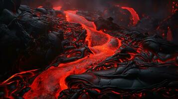 Lava von ein ausbrechen Vulkan fließend Nieder das Berg. ai generiert foto