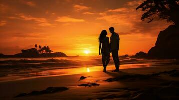 Silhouette von ein Paar Gehen auf das Strand beim Sonnenuntergang. ai generiert foto
