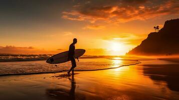 Surfer mit Surfbrett auf das Strand beim Sonnenuntergang. ai generiert foto