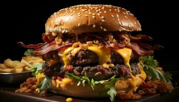 gegrillt Rindfleisch Burger mit Käse, Tomate, Zwiebel auf frisch Brötchen generiert durch ai foto