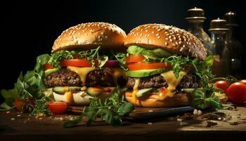 gegrillt Rindfleisch Burger mit geschmolzen Cheddar auf ein Ciabatta Brötchen generiert durch ai foto