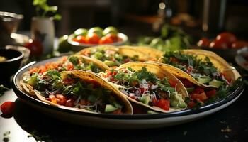 Frische und Geschmack auf ein Teller gegrillt Fleisch, Tomate, und Guacamole generiert durch ai foto