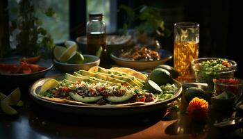 Frische auf ein Teller Gourmet Salat, Guacamole, Fleisch, Tomate, Avocado generiert durch ai foto