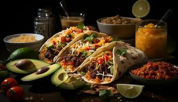 bereit zu Essen Guacamole Taco mit gegrillt Fleisch, frisch Koriander, und würzig Salsa generiert durch ai foto