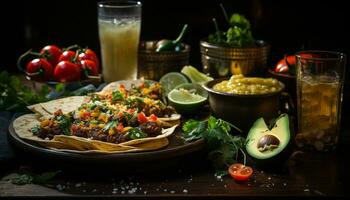 Frische auf ein hölzern Tabelle Guacamole, Tomate, Koriander, Avocado, Fleisch generiert durch ai foto