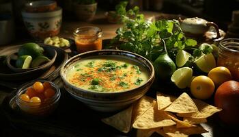 Frische und würzen im ein Schüssel, Guacamole tauchen auf Holz generiert durch ai foto