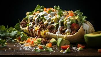 Frische und Geschmack im ein Gourmet Mexikaner gegrillt Rindfleisch Taco generiert durch ai foto