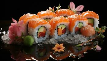 Frische und Kulturen auf ein Platte, gesund Essen mit Sushi generiert durch ai foto