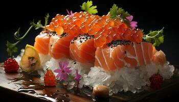 Frische und Gesundheit auf ein Platte, Sashimi Scheibe mit Seetang generiert durch ai foto