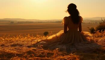 ein jung Frau Sitzung im ein Wiese, genießen das Sonnenuntergang generiert durch ai foto