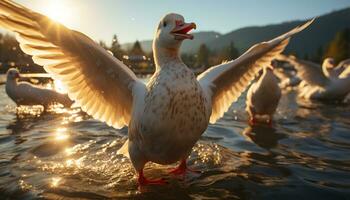 Ente fliegend Über Teich, reflektieren Sonnenuntergang Schönheit im Natur generiert durch ai foto