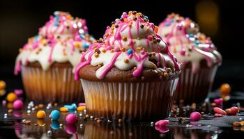 nachsichtig hausgemacht Cupcake, dekoriert mit Rosa Glasur und Süßigkeiten Belag generiert durch ai foto