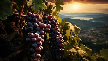 Traube Weinberg im Herbst, reif Frucht, Wein machen, ländlich Sonnenuntergang Szene generiert durch ai foto