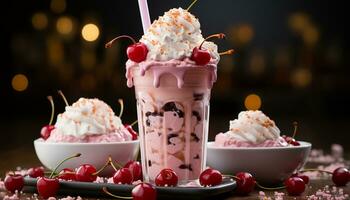 nachsichtig Sommer- Dessert frisch Beere Eis Sahne mit ausgepeitscht Sahne generiert durch ai foto