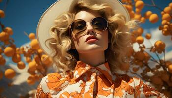 ein schön jung Frau im Sonnenbrille genießt das Herbst draußen generiert durch ai foto