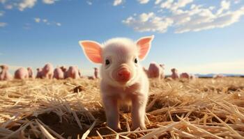 ein süß Ferkel auf ein Bauernhof genießt das sonnig Wiese generiert durch ai foto