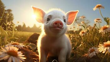 ein süß Ferkel weidet im das Wiese, genießen das Sonnenuntergang generiert durch ai foto