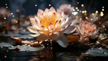 ein still Szene von ein Lotus Wasser Lilie im ein Teich generiert durch ai foto