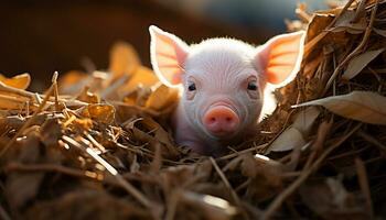 ein süß Ferkel auf ein Bauernhof, suchen beim das Kamera generiert durch ai foto