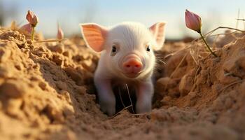 süß Ferkel auf ein Bauernhof, genießen das draußen im Sommer- generiert durch ai foto