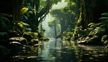 still Szene Grün Wald, fließend Wasser, Tiere im das wild generiert durch ai foto