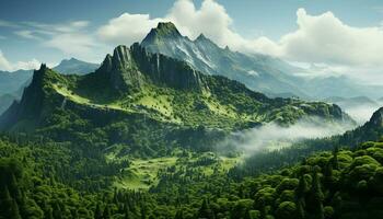 majestätisch Berg Gipfel, still Wiese, Grün Wald, Panorama- Landschaft generiert durch ai foto