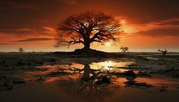 Silhouette von Akazie Baum beim Dämmerung, reflektieren Schönheit im Natur generiert durch ai foto