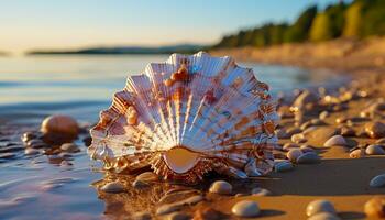 Natur Schönheit im Sommer- Wasser, Sand, Küste, Tier Hülse, Muschel generiert durch ai foto