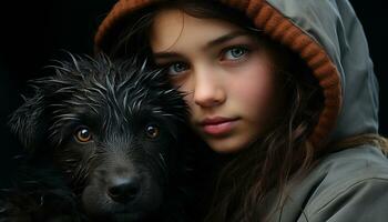 süß Hund, Porträt von ein klein lächelnd Mädchen Umarmen Hündchen generiert durch ai foto