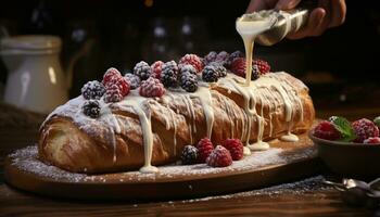 hausgemacht Gourmet Pfannkuchen, gestapelt hoch mit frisch Beeren und Sirup generiert durch ai foto