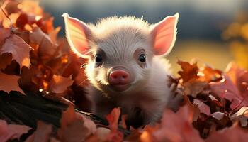 süß Hündchen und Ferkel abspielen im Herbst Wiese generiert durch ai foto