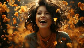 jung Frau lächelnd, genießen Herbst draußen, sorglos und spielerisch generiert durch ai foto
