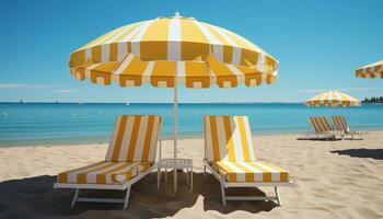 Sommer- Urlaube Blau Küste, Natur Schönheit, still Sonnenbaden auf Gelb Sand generiert durch ai foto