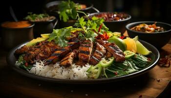 gegrillt Fleisch, frisch Salat, gesund Essen auf hölzern Teller generiert durch ai foto