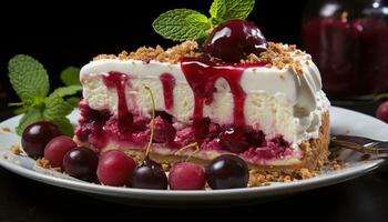 hausgemacht Gourmet Dessert frisch Beere Käsekuchen mit ausgepeitscht Sahne generiert durch ai foto